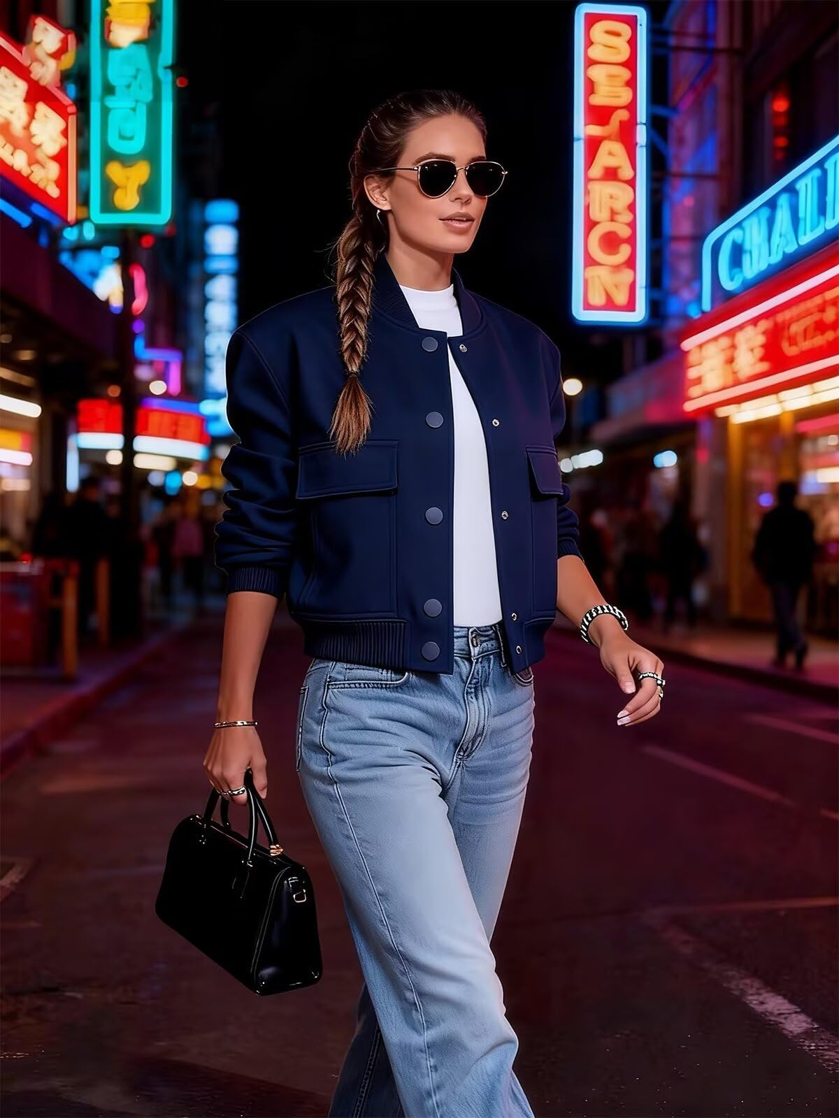 imbpceu Women Crop Bomber Jacket Button Down Varsity Jacket Navy Blue S