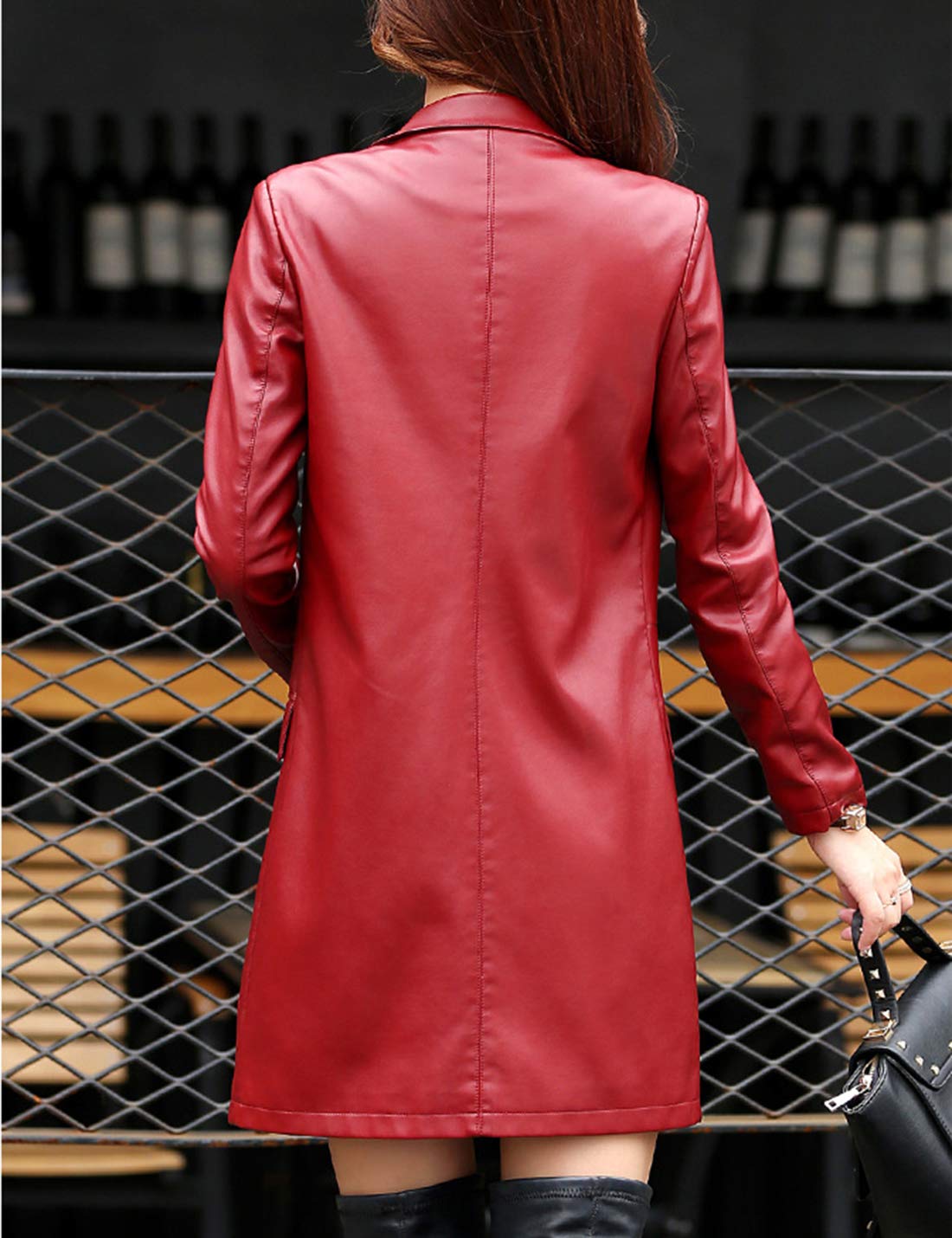 Tanming Womens PU Faux Leather Jacket Casual Lapel Long Suit Trench Coat Outerwear (WineRed-S)