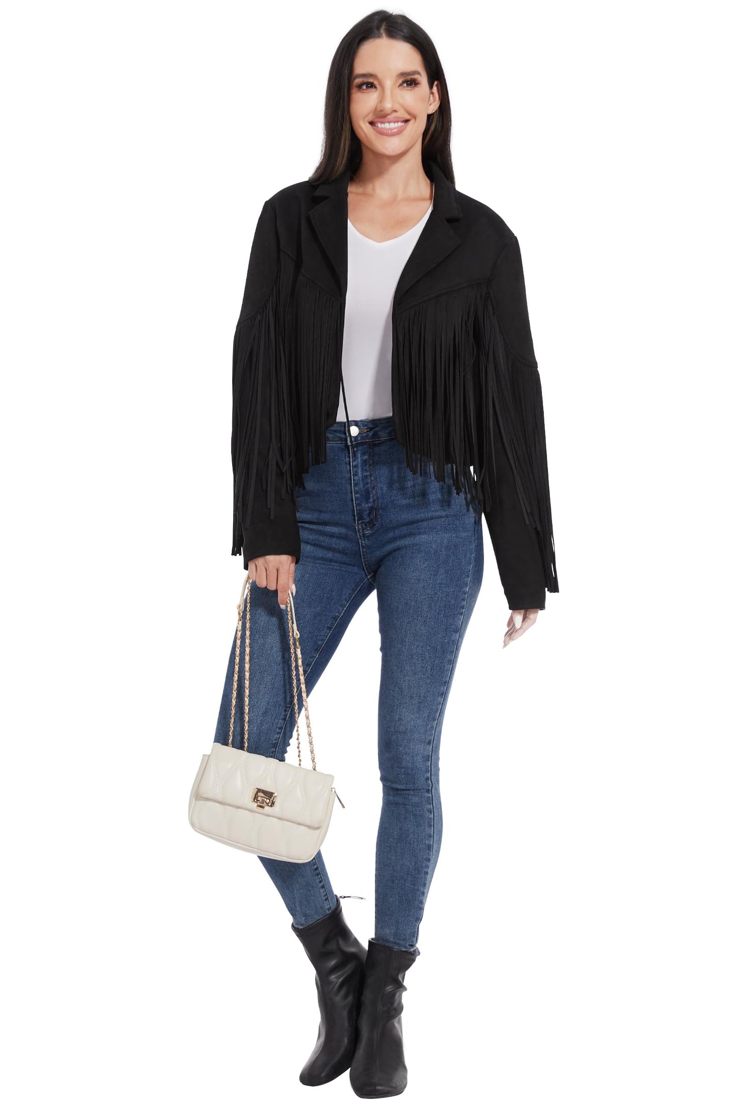 Fahsyee Fringe Leather Jacket Women, Western Cowgirl Outfits for Women Country Concert Wear Suede Cropped Coat Black L