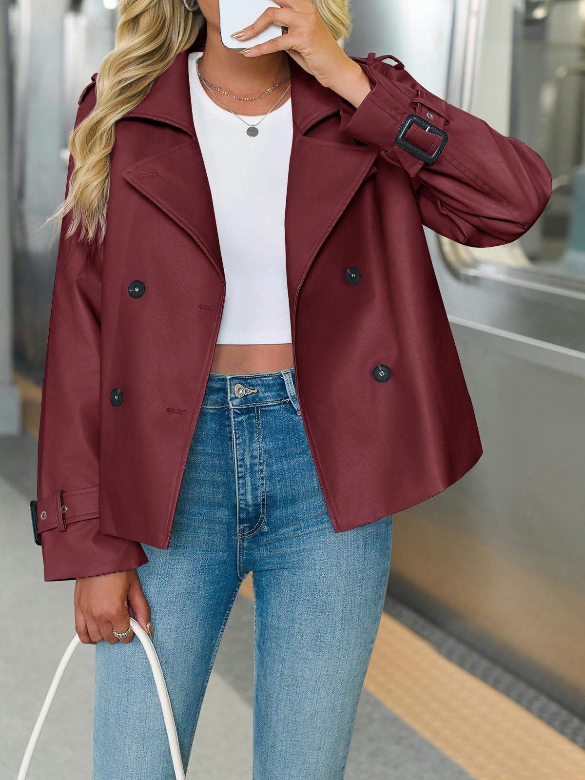 Yousify Womens Textured Faux Leather Jackets Oversized Button Down Motorcycle Clothes Casual Fall Trendy Coat Outerwear