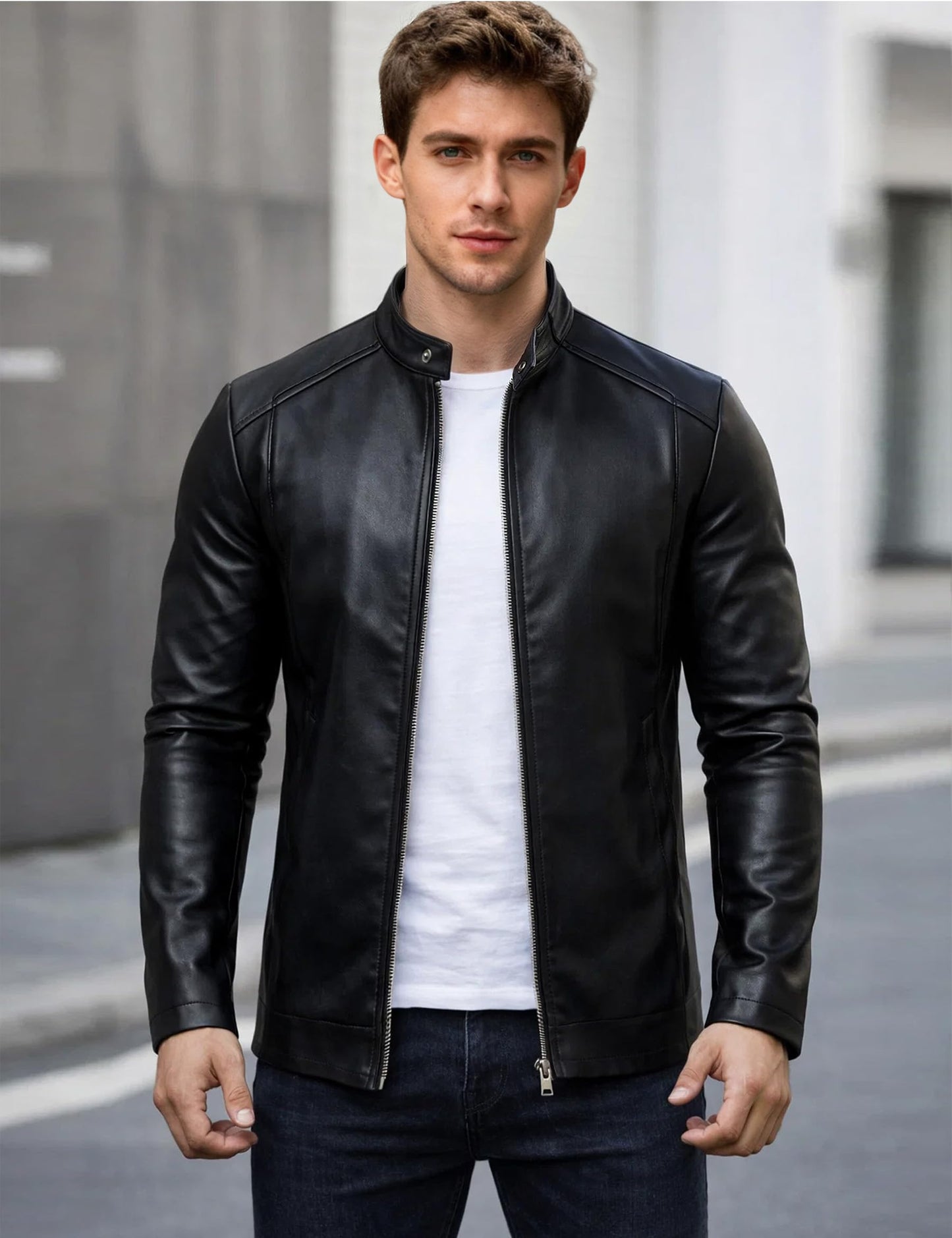 Zbrandy Mens Leather Jacket Faux Leather Motorcycle Jackets Stand Collar Biker Coat Outwear Black L