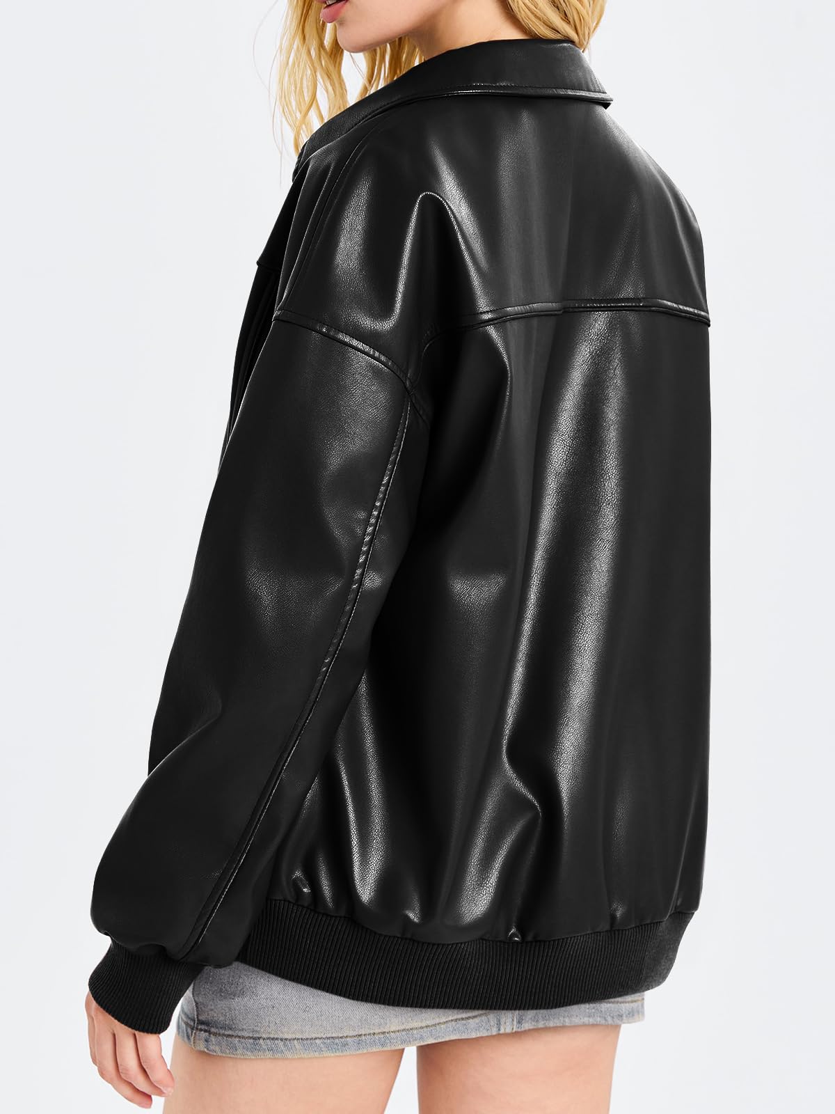 Tankaneo Womens Faux Leather Jackets Oversized Bomber Casual Fall Fashion Zip Up Moto Biker Coats
