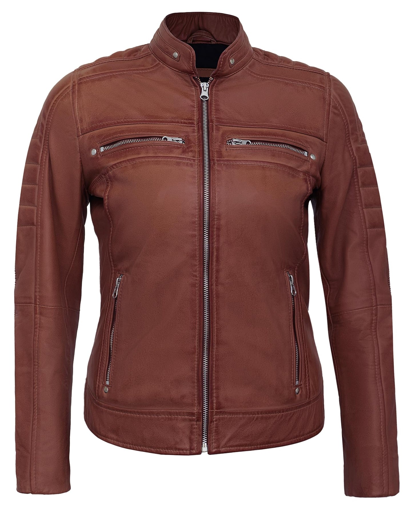 UrbanFocal Womens Motorcycle Jacket - Cafe Racer Style Brown Leather Jackets For Women | [101005104] Cafe Racer Cognac, L