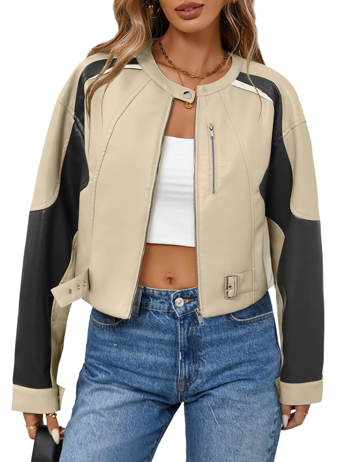 Tankaneo Womens Faux Leather Bomber Jackets Cropped Zip Up Color Block Fall Casual Moto Biker Coats