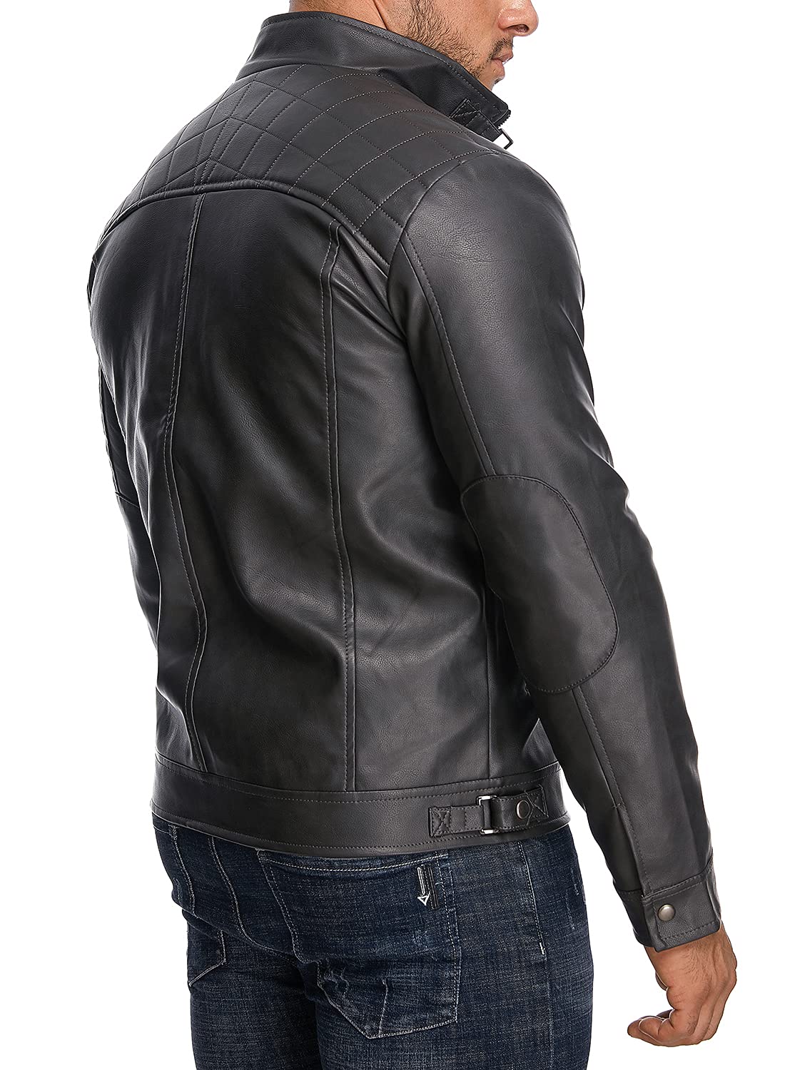 HOOD CREW Men’s Stand Collar Leather Jacket Casual Faux Leather Motorcycle Jacket Outerwear Coat with Zipper Pockets Black L