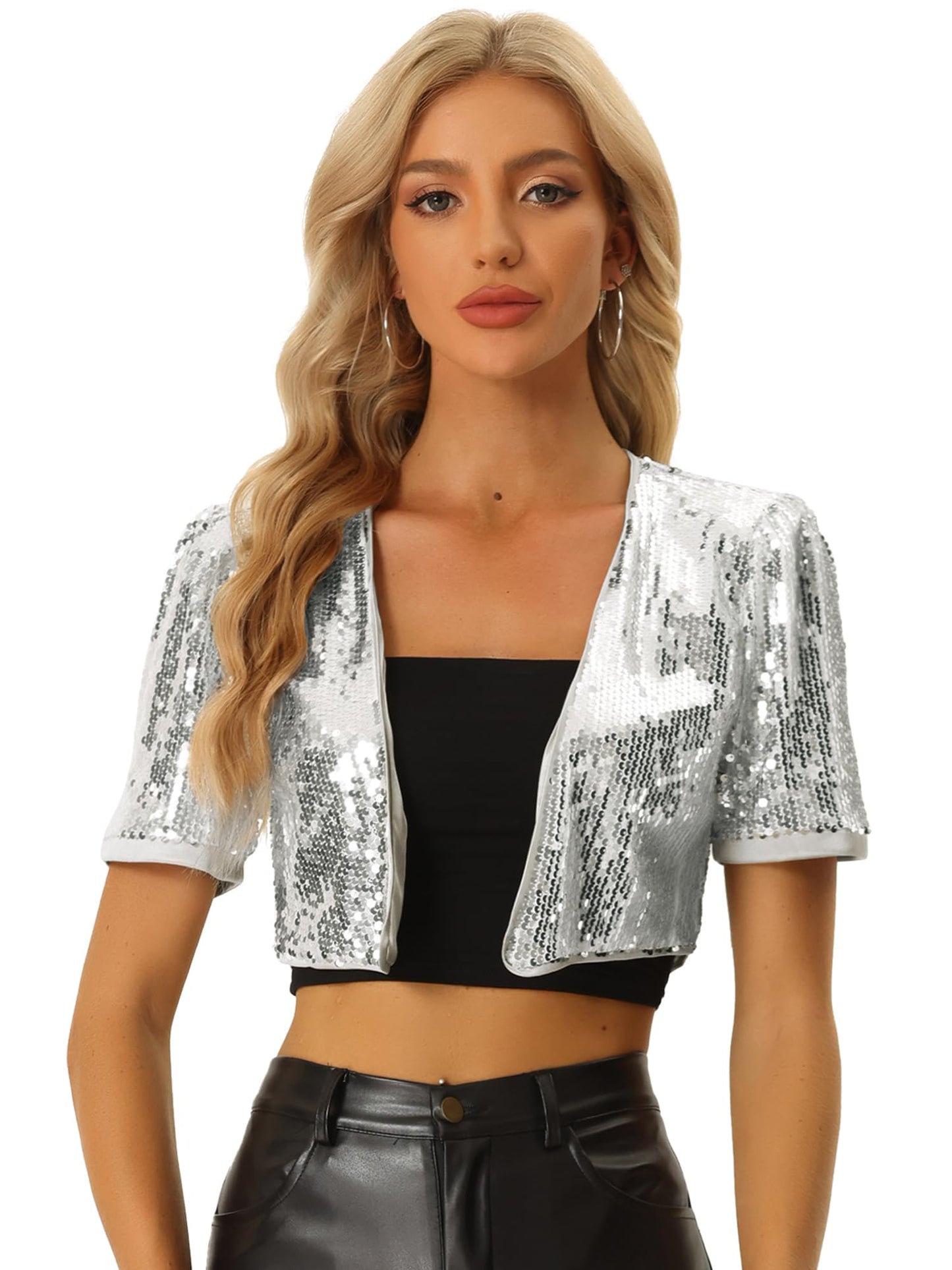 Allegra K Sequin Cardigan for Women Puff Sleeve Open Front Jacket Halloween Sparkly Glitter Cropped Shrug Bolero X-Small Silver