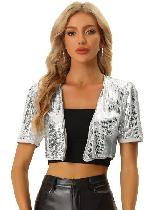 Allegra K Sequin Cardigan for Women Puff Sleeve Open Front Jacket Halloween Sparkly Glitter Cropped Shrug Bolero X-Small Silver