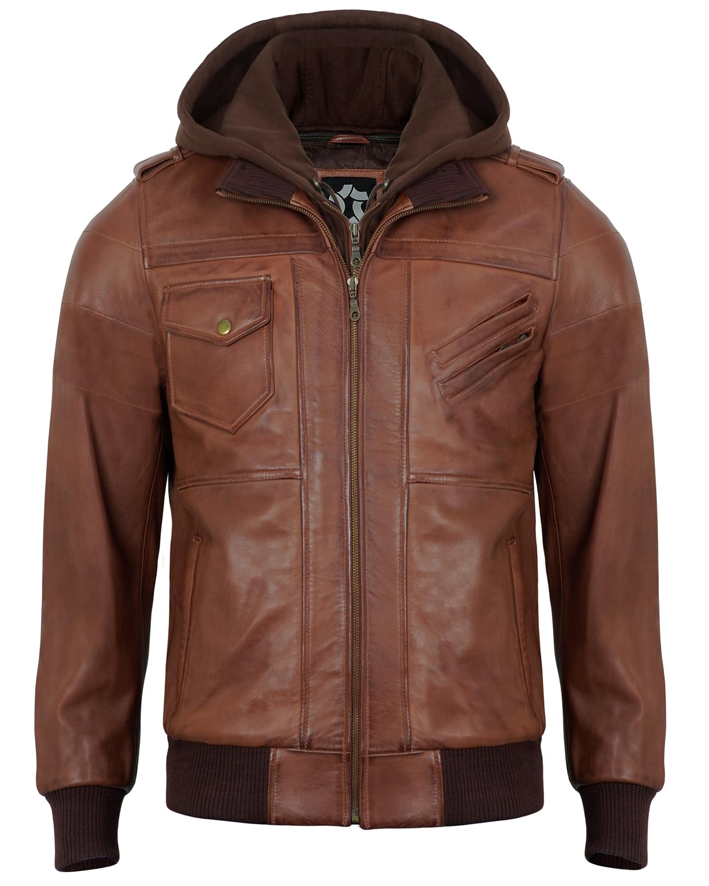 UrbanFocal Hooded Brown Leather Bomber Jacket Men - Real Lambskin Leather Jackets For Mens With Detachable Hood | [101010005] Edinburgh Cognac, XL