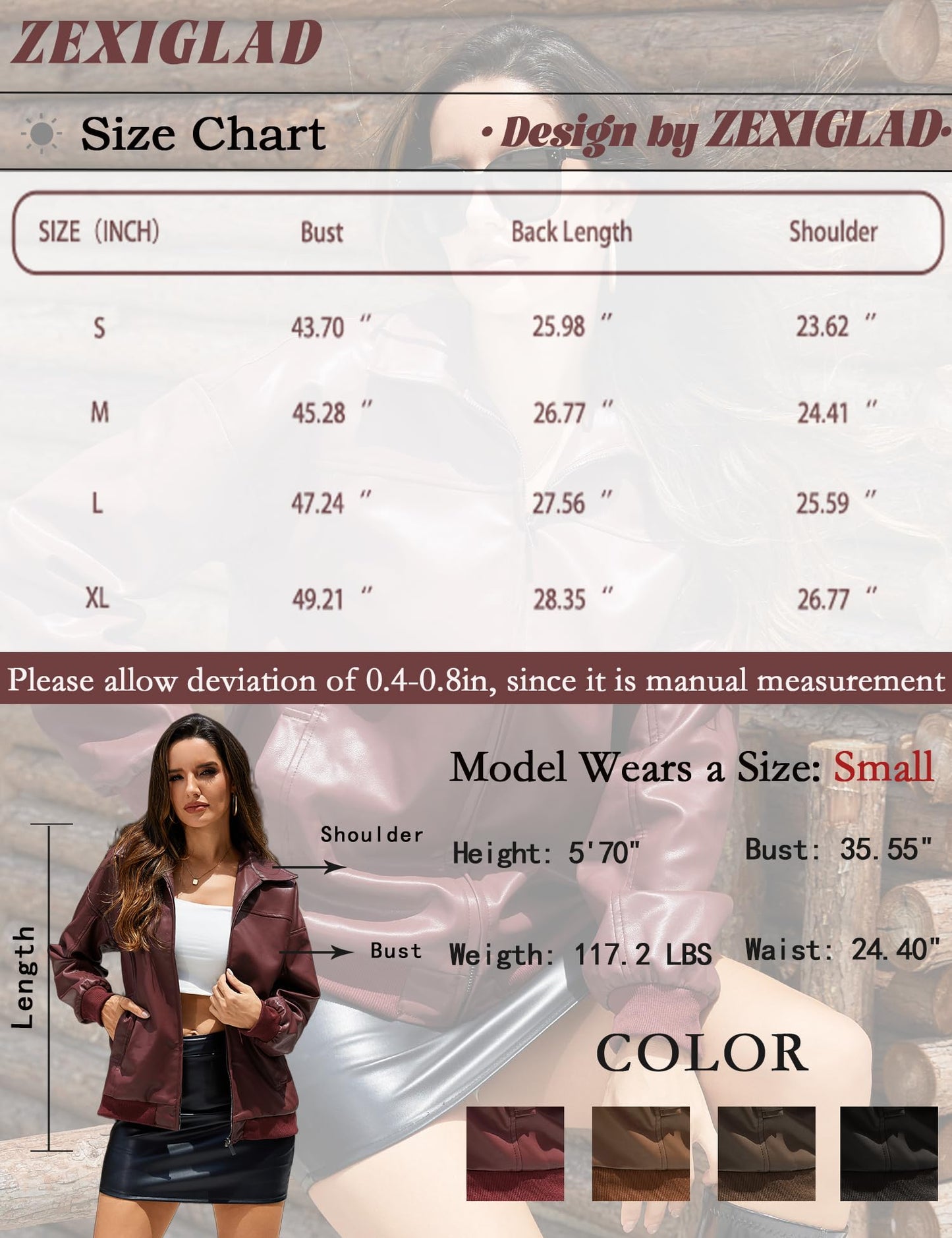 ZEXIGLAD Brown Leather Jacket Bomber Oversized Jackets Zip Up Long Sleeve Faux Suede Motorcycle Coats Fall Winter Outfits with Pocket Brown M