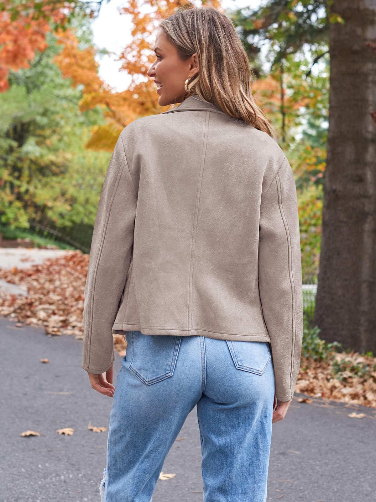 AUTOMET Women's Faux Suede Leather Jacket Cropped Open Front Cardigan Buttery Soft Lightweight Fall Coat Apricot XS