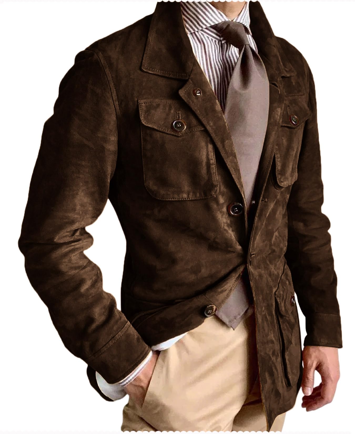 Mens Suede Leather Blazer 3 Button Sport Coats Western Jacket for Wedding Prom Brown