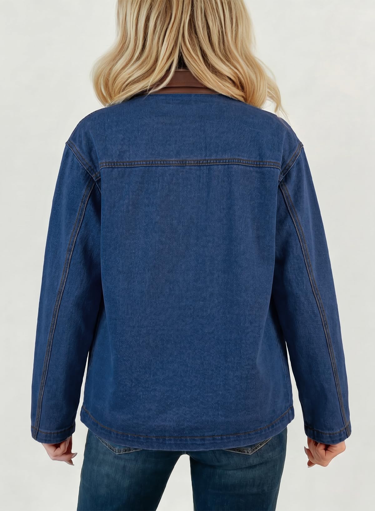 Sidefeel Denim Jacket for Women Long Sleeve Leather Neck Button Down Jean Jacket with Three Big Pockets Bluing Small
