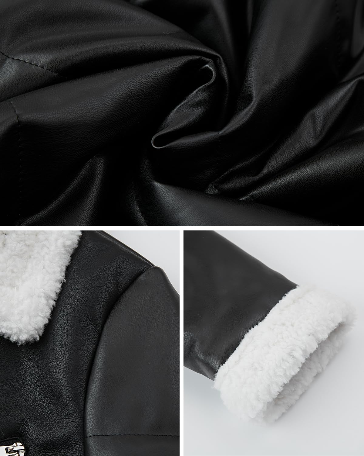 WYOYW Women Puffer Leather Jacket Patchwork Faux Fur Lined Coat Moto Biker Faux Leather Jacket Black White M