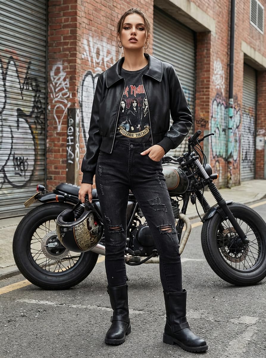 Eliacher Cropped Pu Leather Bomber Jacket (US 4-6)