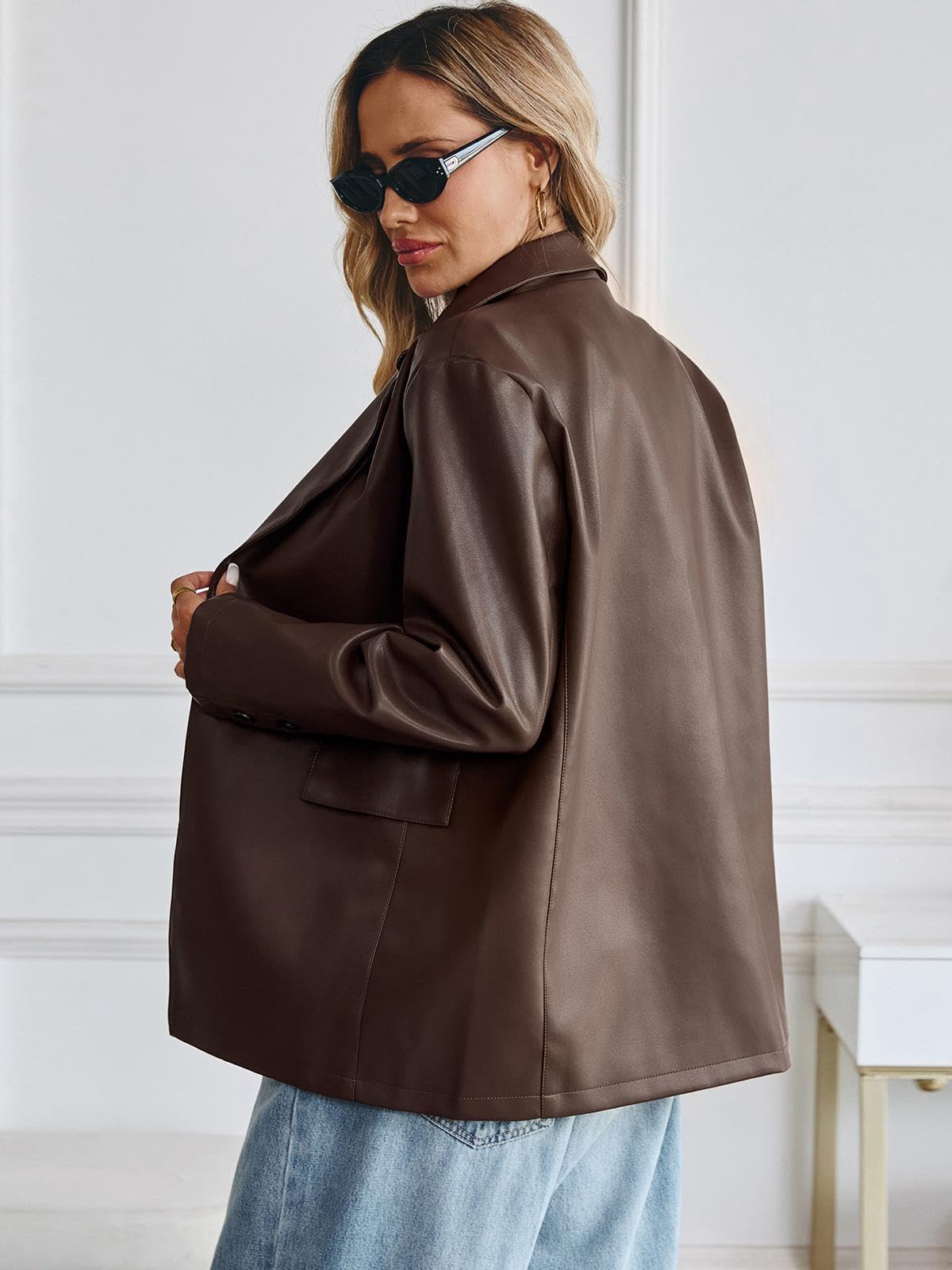 KateModa Women's Faux Leather Blazer Oversized Bomber Winter Coat Motocycle Button Down Fall Jackets with Pockets Brown Large