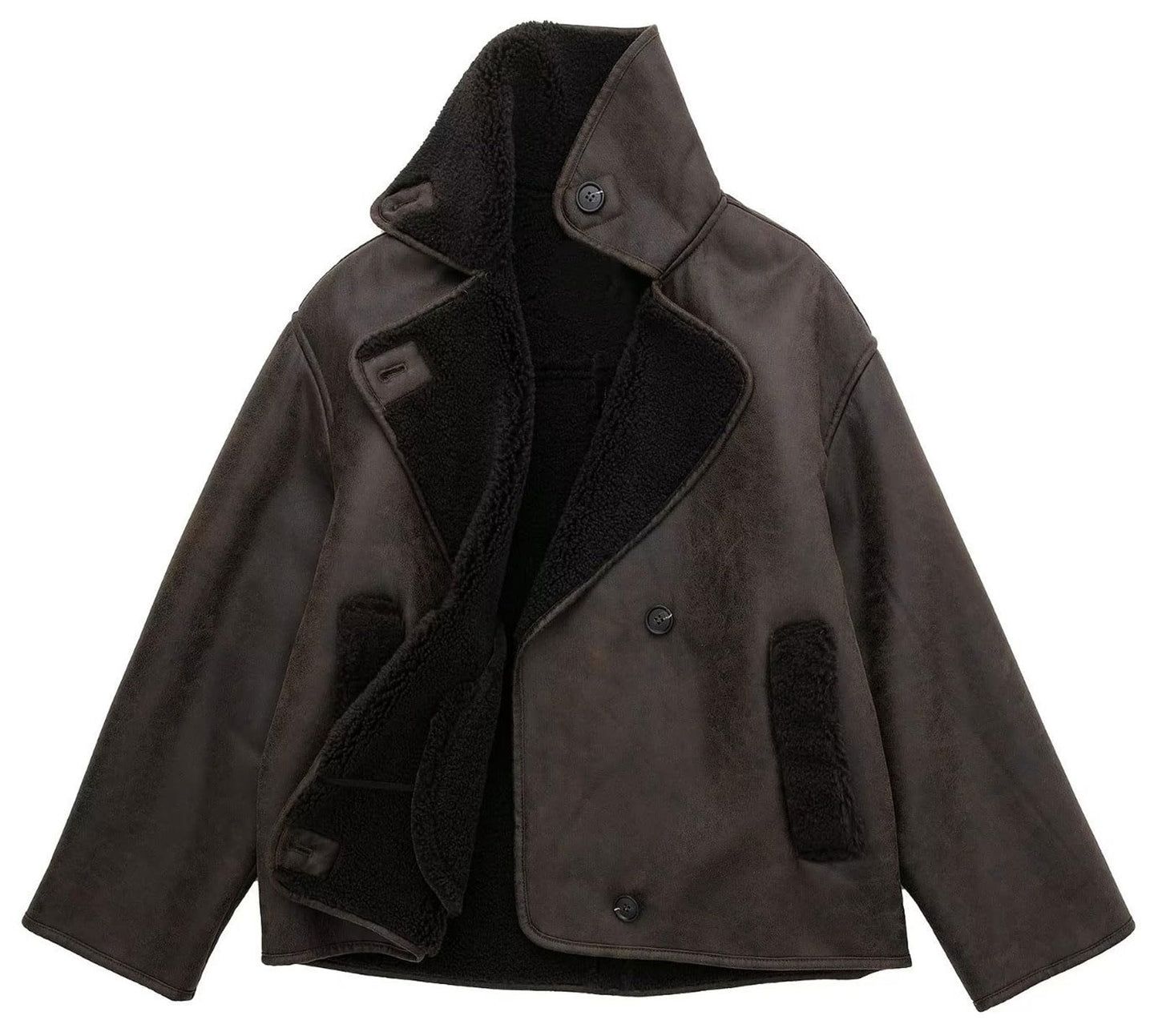 loveimgs Women Thicken Sherpa Lined Faux Suede Jacket Oversized Leather Coat Shearling Fleece Moto Jacket Biker Winter Overcoat (Medium, Brown)