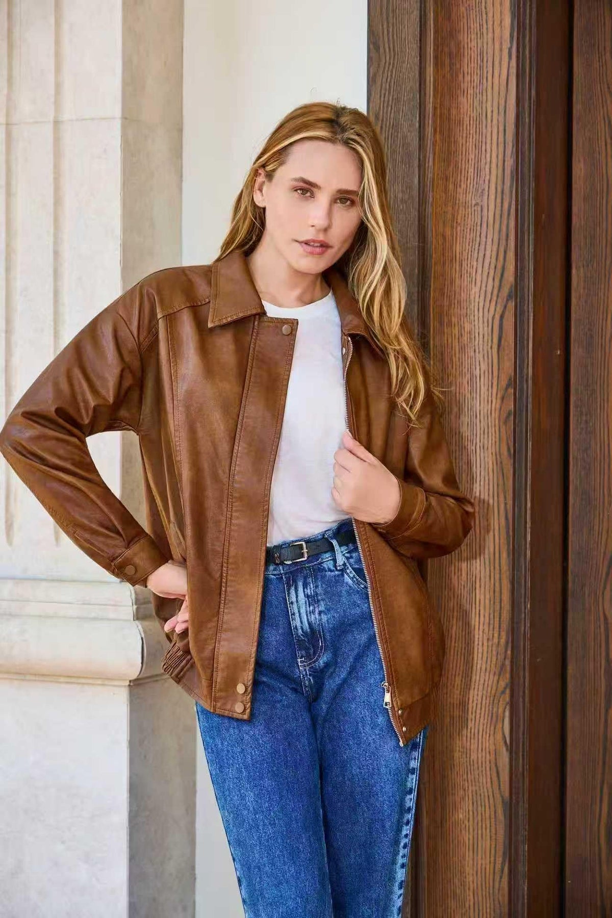 Women's Oversized Faux Leather Bomber Jacket, Zip Up Motorcycle Street Coat