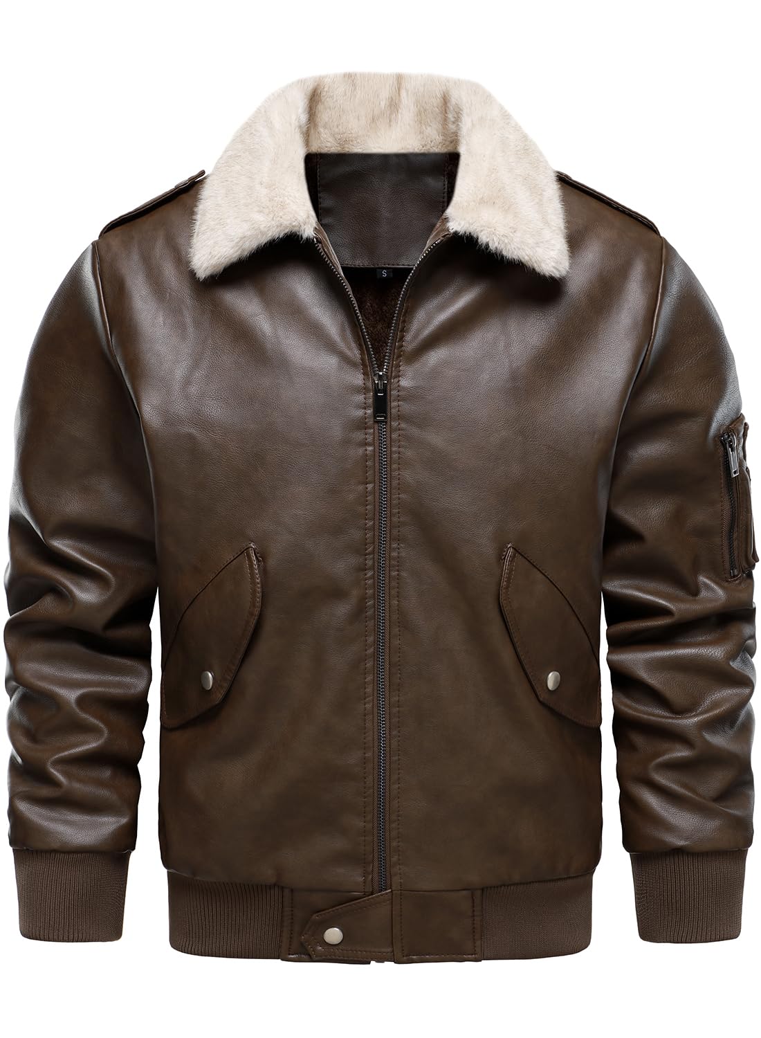 HOOD CREW Men’s Faux Leather Aviator Bomber Jacket with Fur Collar Warm Fleece Lined Biker Jackets Vintage Winter Coats Dark Brown L