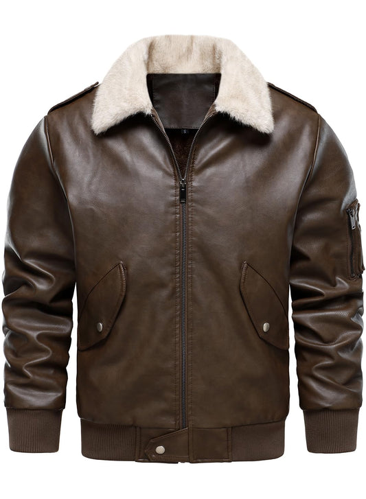 HOOD CREW Men’s Faux Leather Aviator Bomber Jacket with Fur Collar Warm Fleece Lined Biker Jackets Vintage Winter Coats Dark Brown L