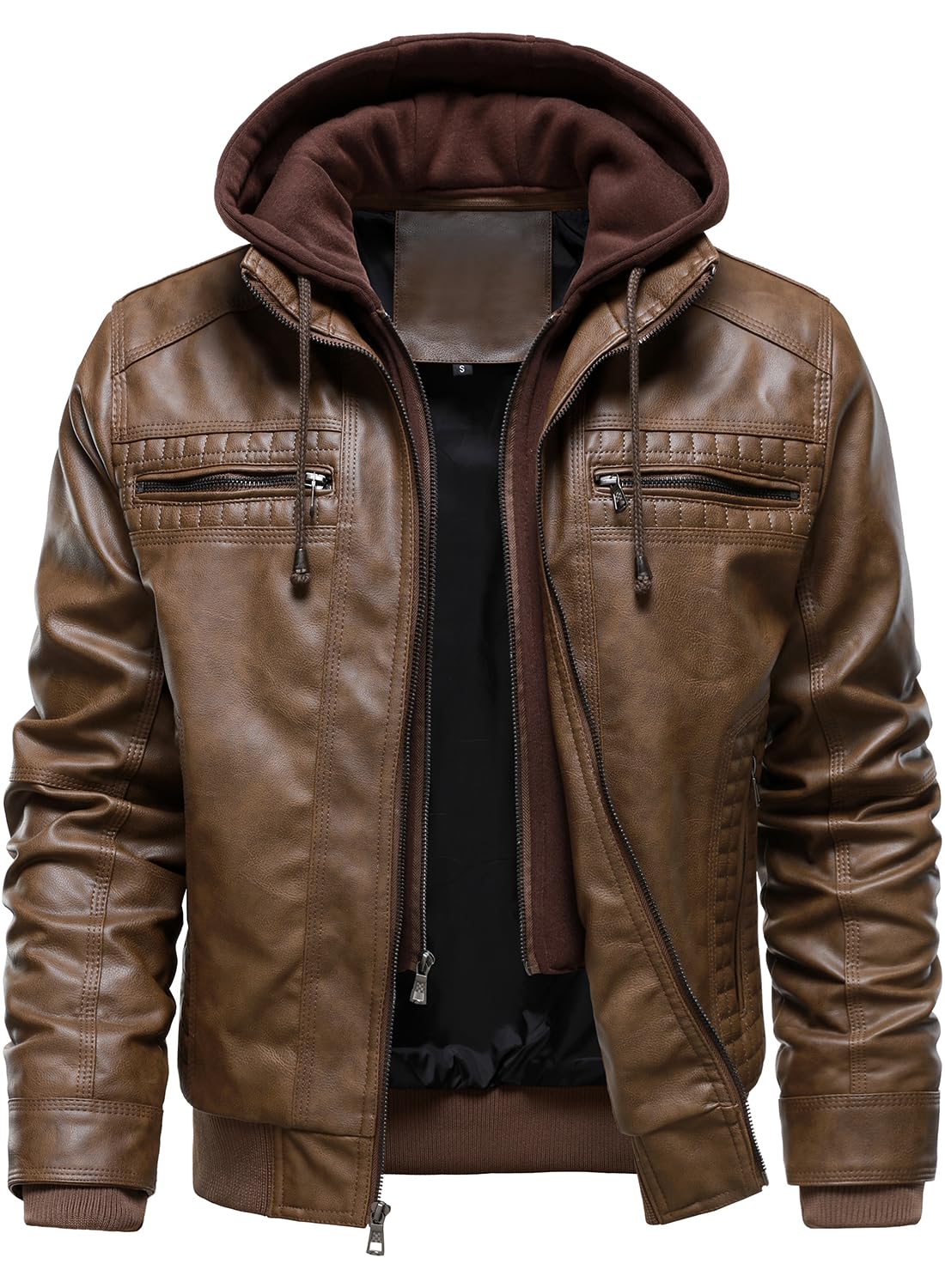 HOOD CREW Men Faux Leather Jacket with Detachable Hood Casual Motorcycle Bomber Jackets Outerwear Brown XXL