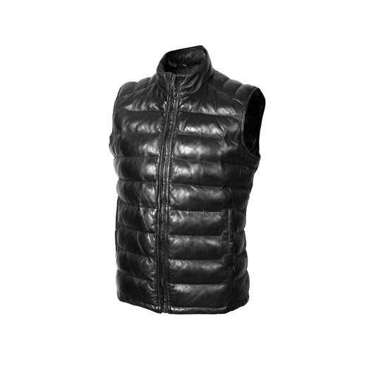 STREGA Men's Lambskin Leather Quilted Puffer Vest – Real Leather Sleeveless Jacket Men | Genuine Leather Down Waistcoat in Black – Medium