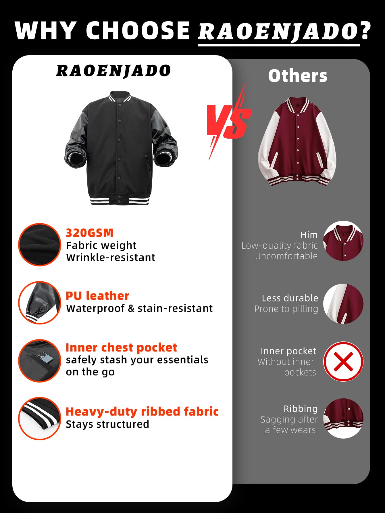 RAOENJADO Men's Varsity Jacket Bomber Letterman Jacket Leather Sleeve Vintage Style Lightweight Outerwear Black XXL
