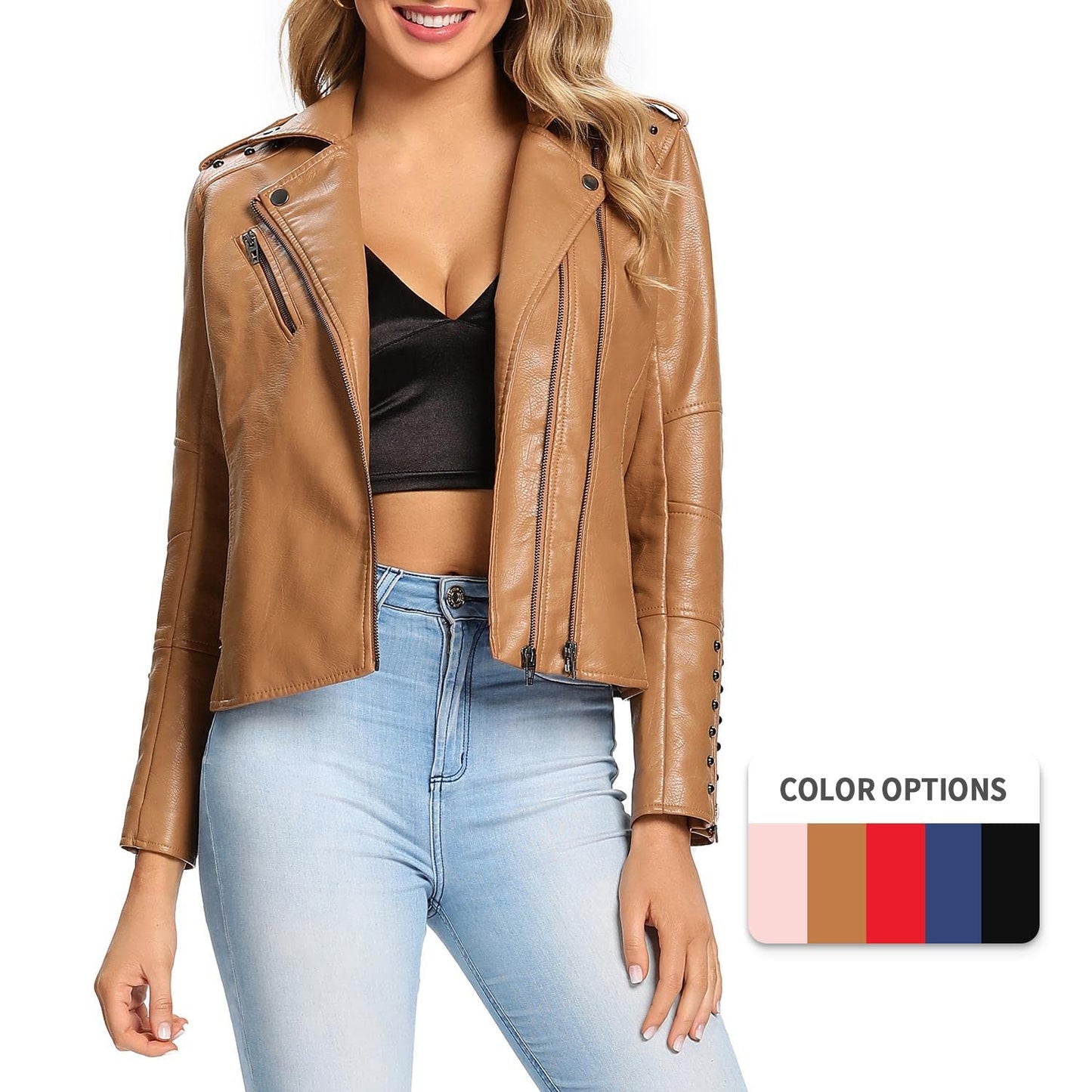 S P Y M Womens Faux Leather Jacket, Double Zip Up Coat, Moto Biker Outwear with Rivets, Regular and Plus Size