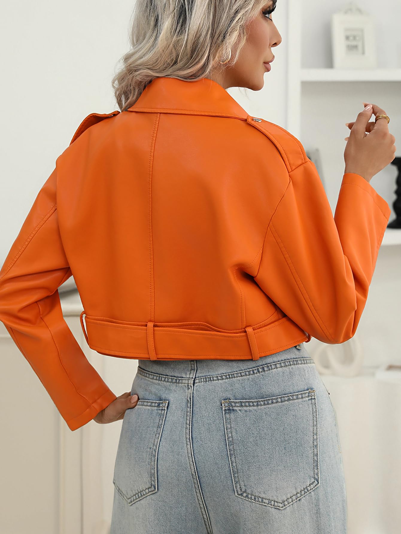 LY VAREY LIN Women Faux Leather Cropped Jacket Bomber Aviator Motor Biker Coat with Belt
