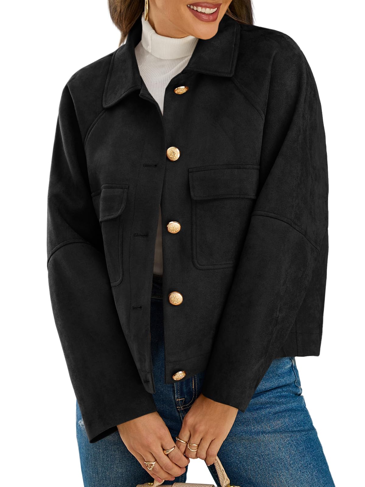 Cicy Bell Womens Faux Suede Leather Jackets Oversized Cropped Casual Lapel Collar Button Down Fall Vintage Shackets