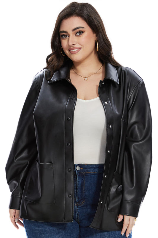 Fahsyee Women Faux Leather Shacket Moto Biker Shirts Loose Fit Blazer Long Sleeves Button Casual Jacket Plus Size S-XXL