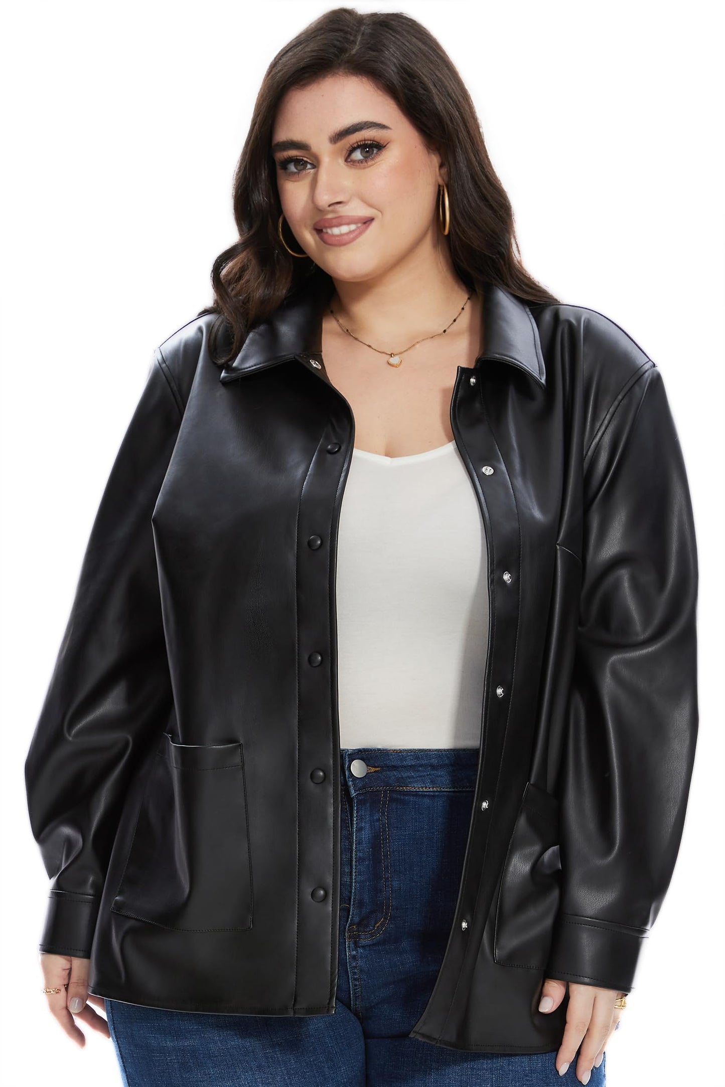 Fahsyee Women's Faux Leather Shacket Loose Fit Shirts Moto Biker Jacket L