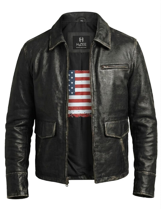 H2ZEE Mens Leather Jacket Black | Real Leather Biker Jacket With Distressed Exterior | Motorcycle Clothing For Vintage Styling | Size Medium