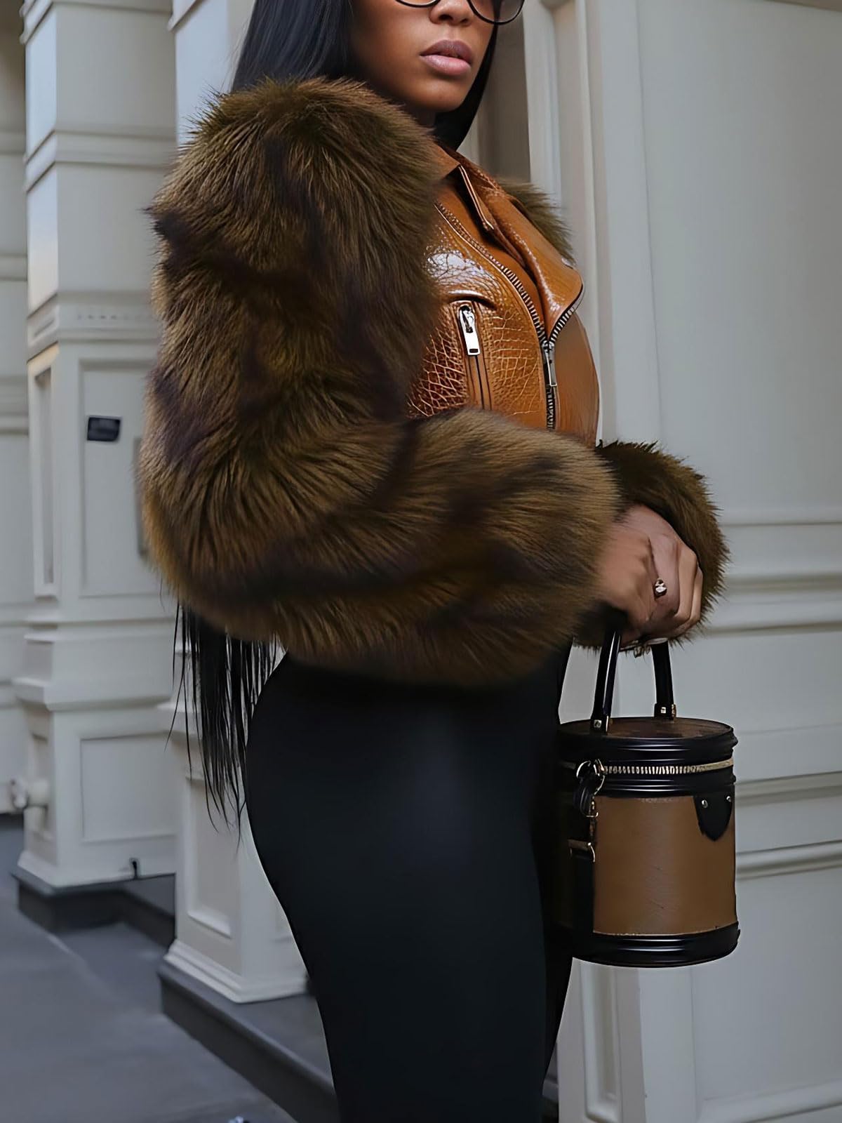 Akmipoem Leather Jacket Women Cropped PU Moto Coat Faux Fur Sleeve Short Biker Jackets Fall Streetwear with Belt Brown XXL