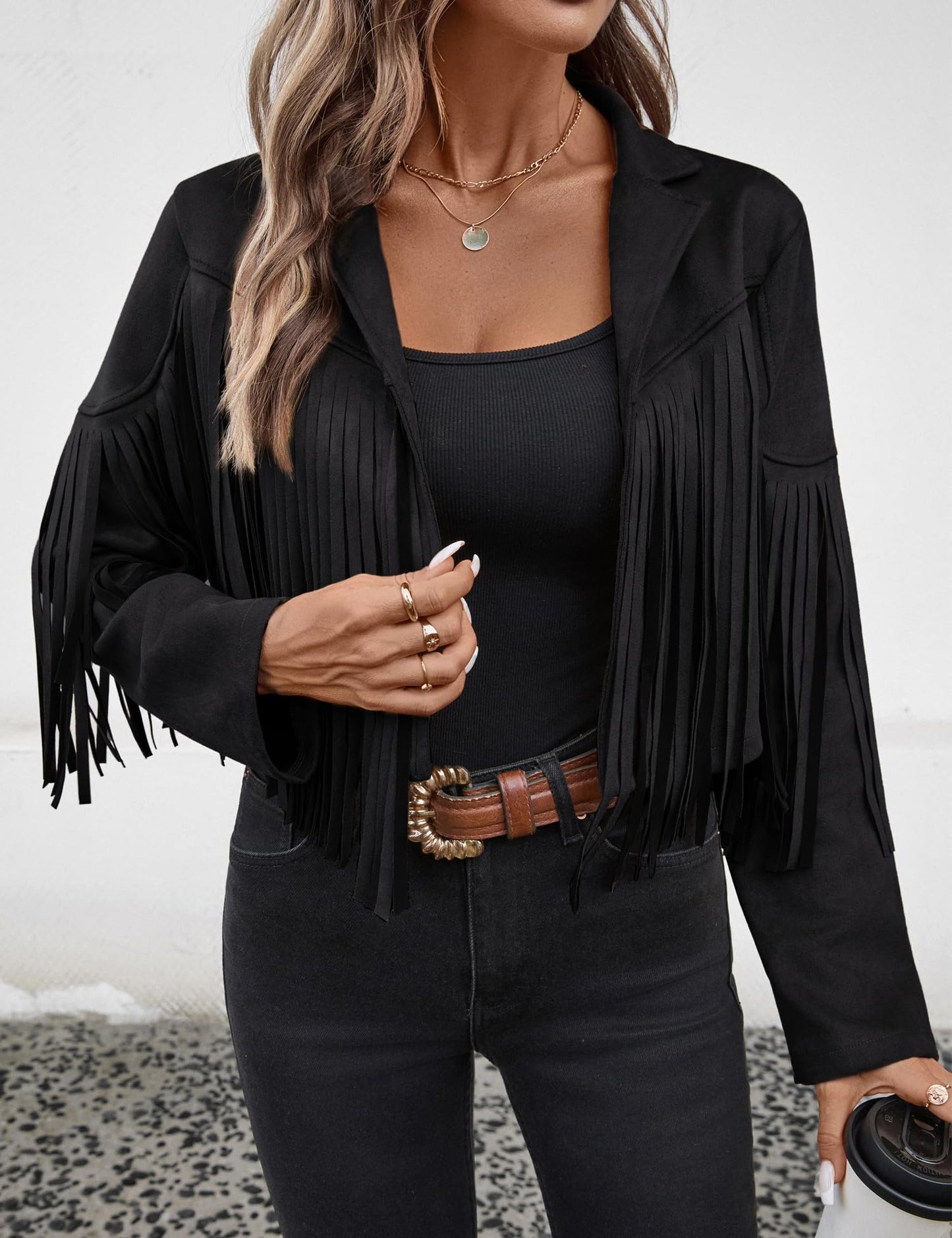 MATEAM Women's Faux Suede Leather Tassel Jackets With Lining Cropped Fringe Coats For Women Cowgirl 2026 Spring Western 80s Outfit Black S