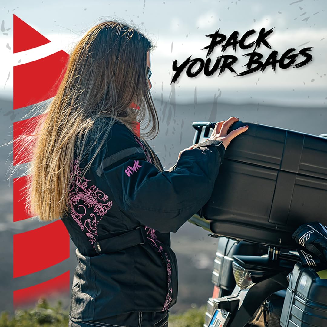 HWK Adventure/Touring Motorcycle Jacket for Women, Women's Motorcycle Jacket with CE Armor for Enduro Motorbike Riding, Water Resistant Textile Biker Jacket for Women - Black & White, Large