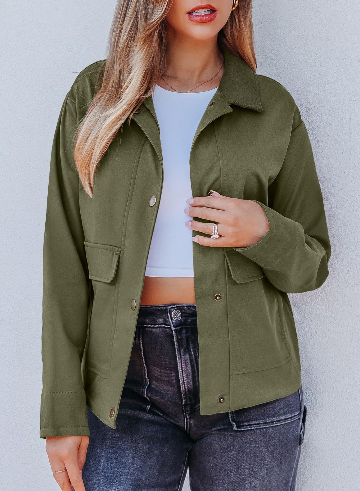 EVALESS Bomber Jacket Women Lightweight Button Down Jackets,Green,M
