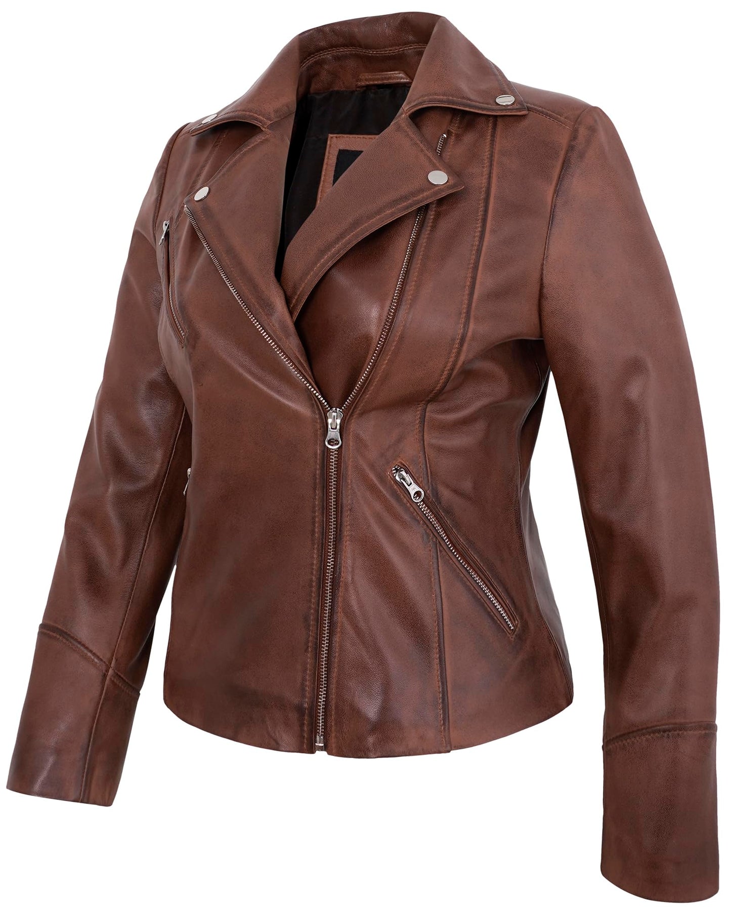 UrbanFocal Asymmetrical Style Brown Leather Jackets For Womens - Real Lambskin Leather Biker Jacket Women | [101013306] Cognac Ninfa, 2XL