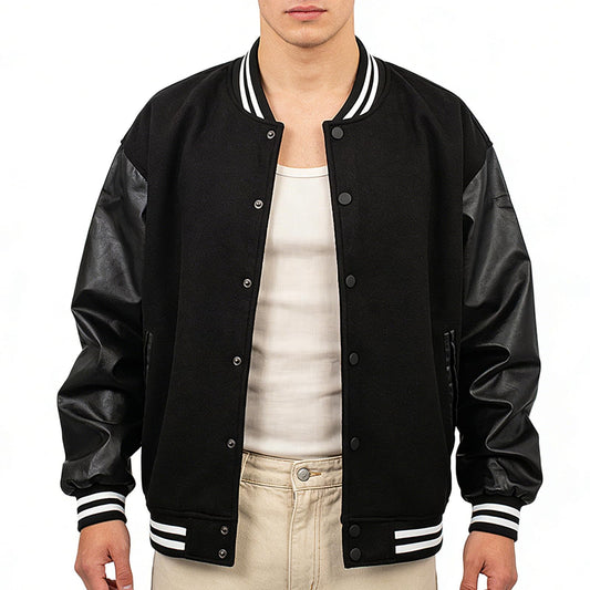 RAOENJADO Men's Varsity Jacket Bomber Letterman Jacket Leather Sleeve Vintage Style Lightweight Outerwear Black XXL