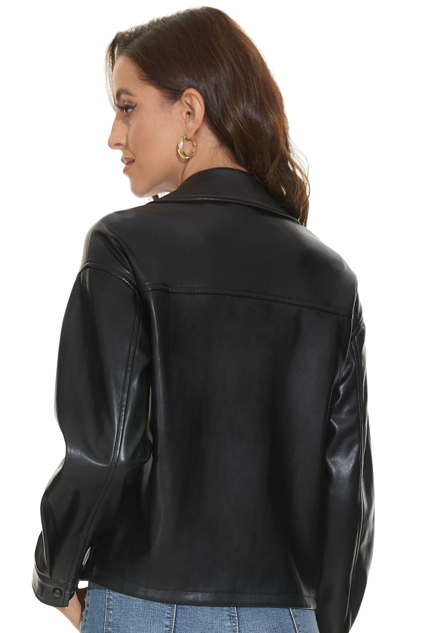 Fahsyee Women Faux Leather Blazer, Moto Biker Short Shirts Loose Fit Shacketwith Long Sleeves Button Casual Jacket Black Plus Size L