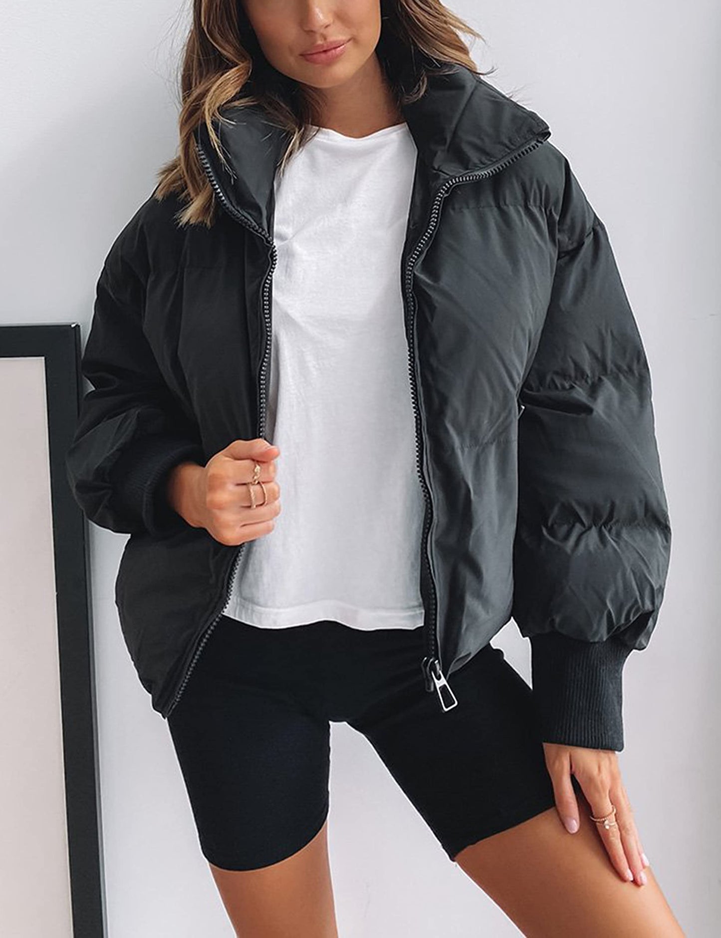 UANEO Puffer Jacket Womens Oversized Cropped Puffy Quilted Winter Jackets Coat (Black-S)