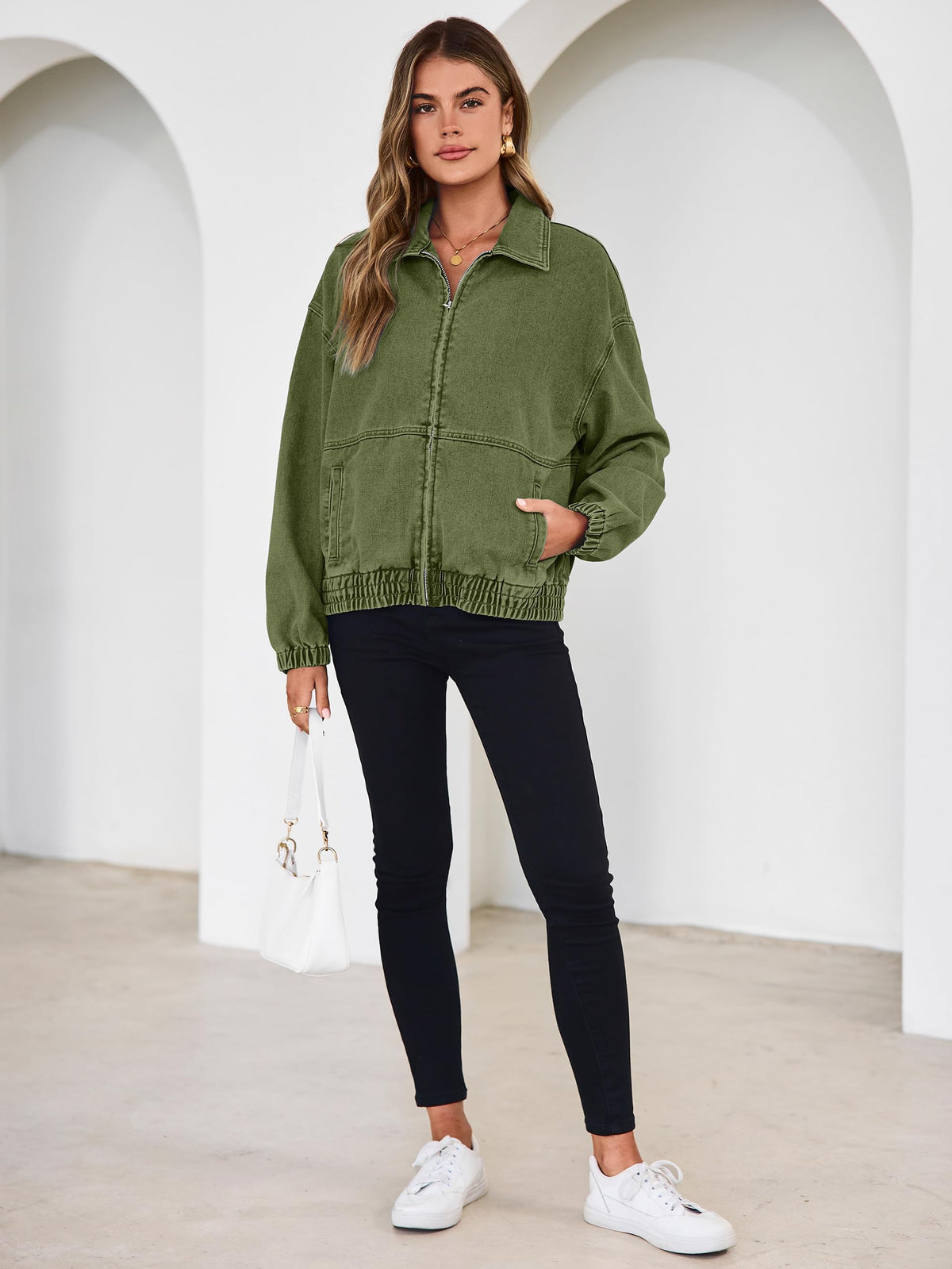Glamaker Womens Oversized Jean Jacket Spring Lightweight Long Sleeve Bomber Denim Jacket with Zip Front and Pockets for Trendy Fashion (Army Green L)