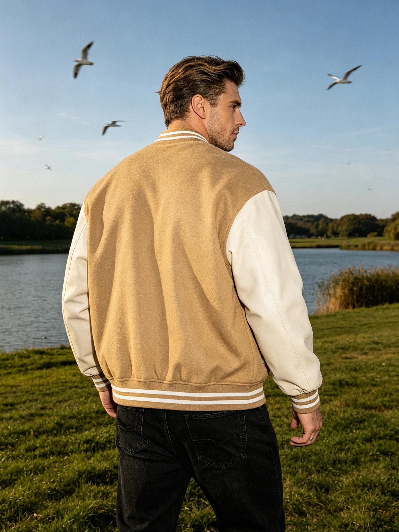 RAOENJADO Men's Varsity Jacket Letterman Bomber Faux Leather Sleeve Casual
