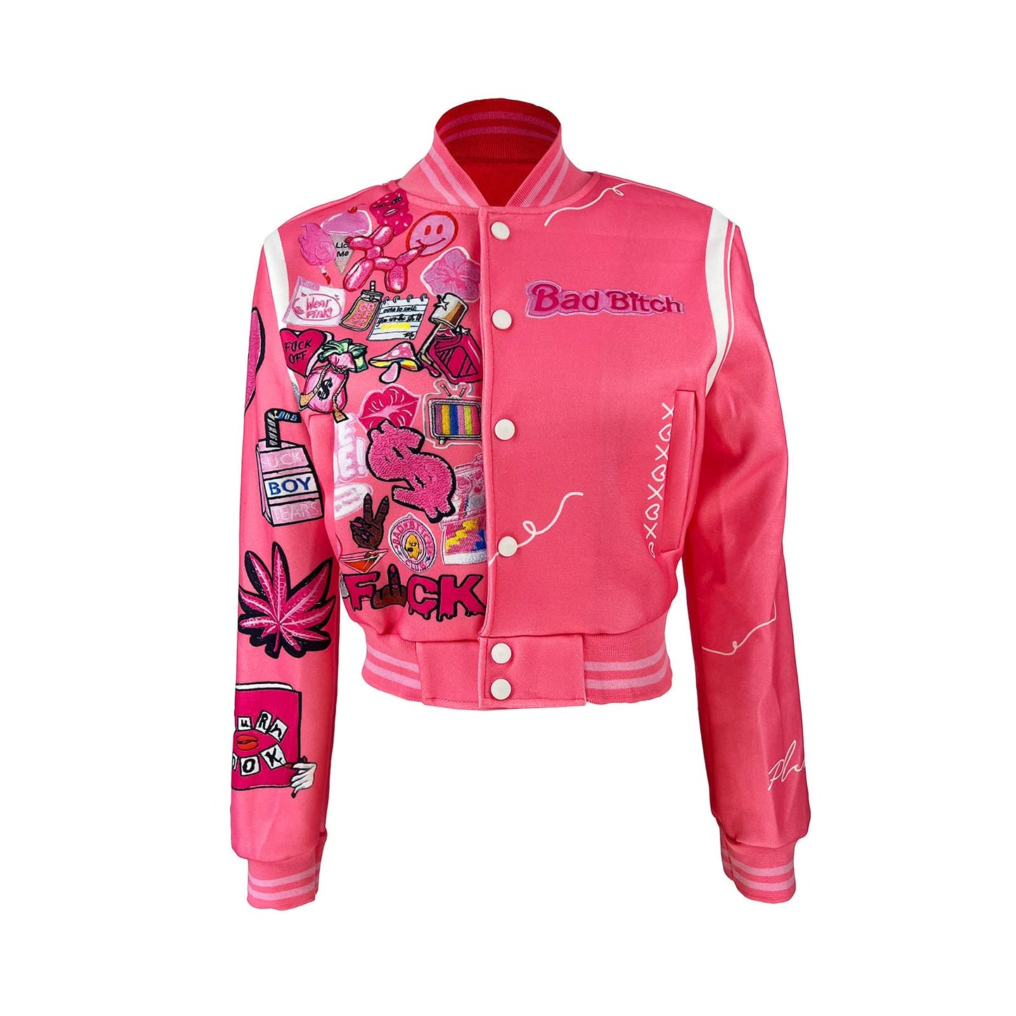 SaytoRose Varsity Jacket Women Print Vintage Patches Letterman Cropped Bomber Jacket Lightweight Dressy Cute Coat(Hot Pink,S)