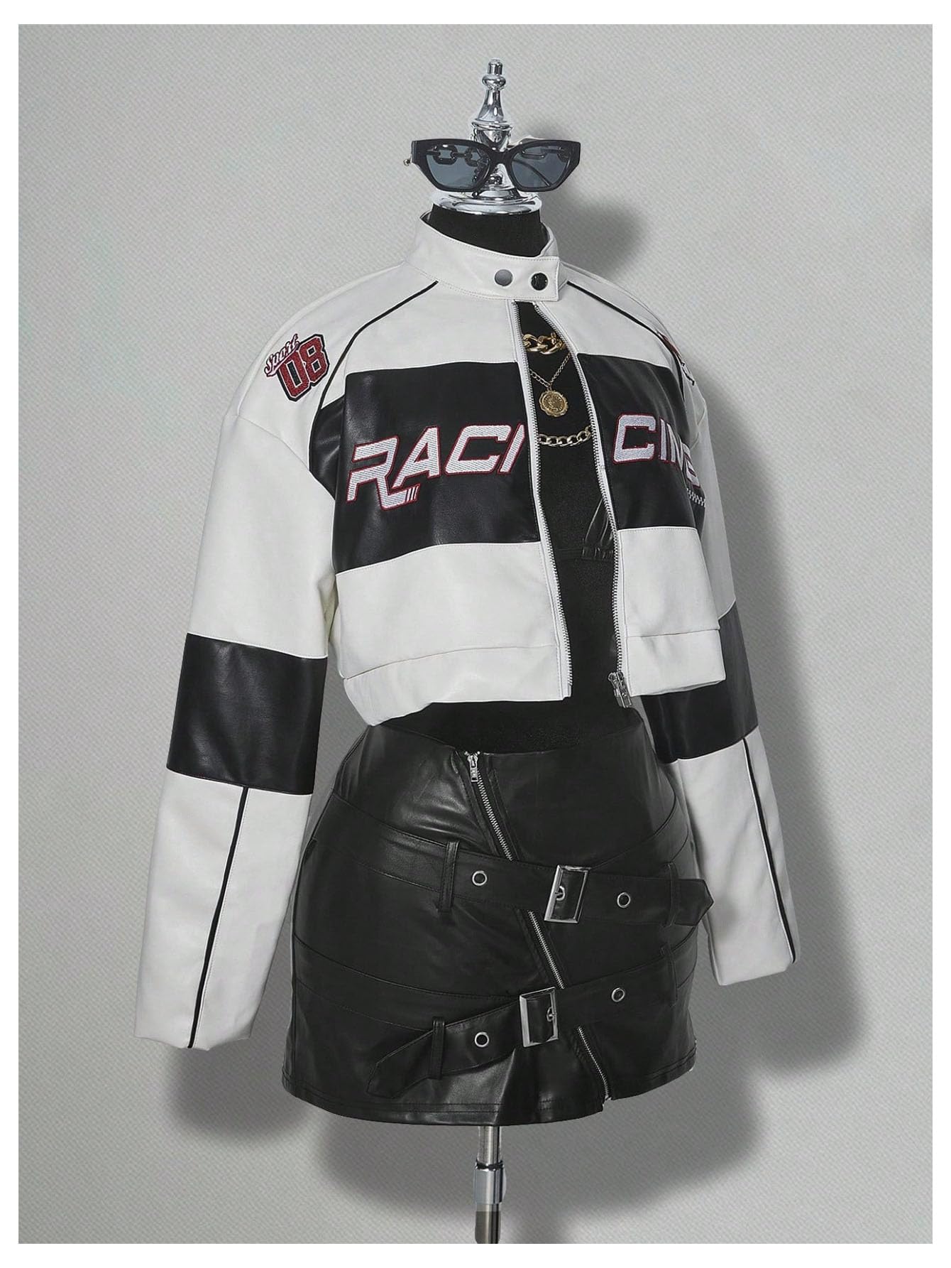 SOLY HUX Women's Faux Leather Zip Up Crop Jackets Graphic Long Sleeve Shirts Motorcycle Outerwear White Black Graphic Medium