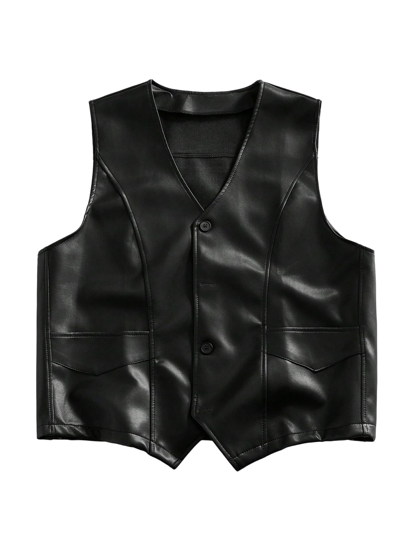 GORGLITTER Men's Faux Leather Vests Classic Button Down V Neck Western Motorcycle Vest Jacket Black Medium