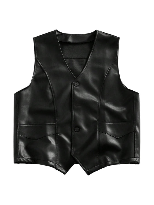 GORGLITTER Men's Faux Leather Vests Classic Button Down V Neck Western Motorcycle Vest Jacket Black Medium