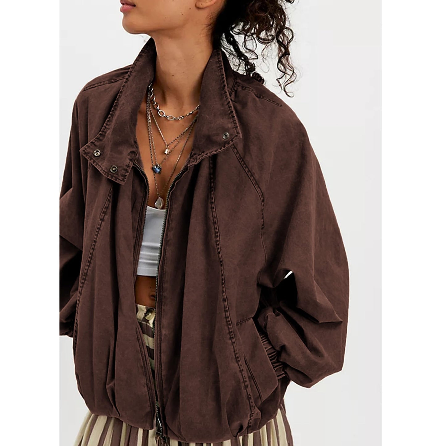 Yaykio Women Oversized Bomber Jacket Funnel Neck Zip Up Batwing Sleeve Fall Outerwear Coats Casual Outfits with Pockets(Chocolate,M)