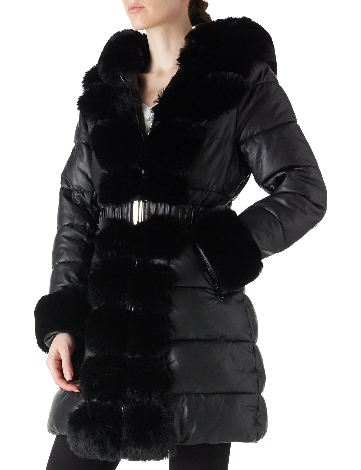 RISISSIDA Puffer Coat Women Winter Down Faux Fur Lined Puffy Jacket with Long Collar Hood, Thicken Quilted Warm Leather Bubble Overcoat Black X-L