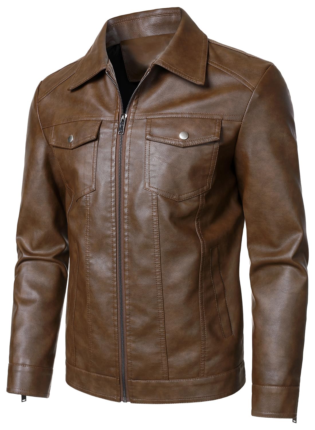 HOOD CREW Mens Leather Jacket Motorcycle Biker Jackets Casual Lightweight Faux Leather Outwear Dark Brown L