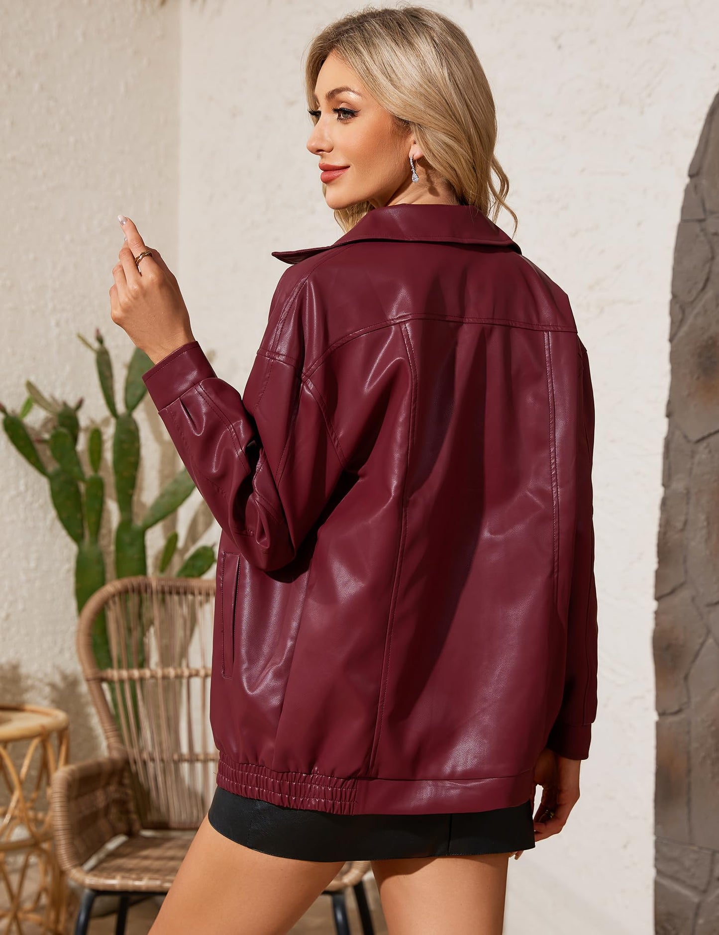 ZEXIGLAD Red Leather Jacket Women Oversized Faux Suede Motorcycle Bomber Winter Coats Zip Up Fall Leather Jackets 2025 with Pocket Wine Red S
